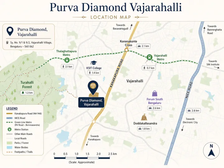 Location map showing Purva Diamond Vajarahalli on Kanakapura Road, South Bangalore